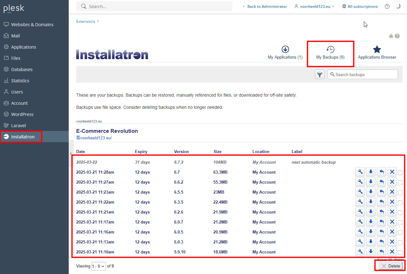 Backups verwijderen uit Installatron