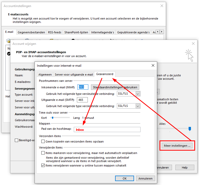 Outlook IMAP foutmelding oplossing